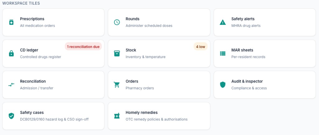 eMAR workspace tiles showing prescriptions, rounds, safety alerts, CD ledger, stock, MAR sheets, reconciliation, orders, audit, and safety cases
