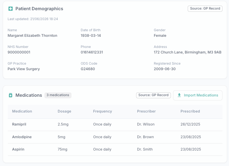 Patient demographics and medication record showing GP source information and imported medications