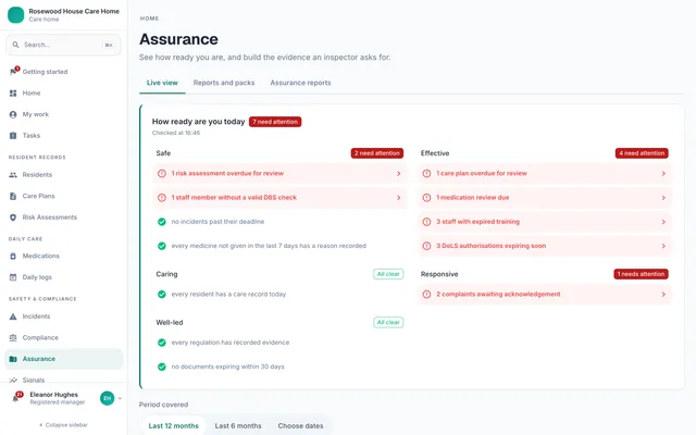 The Assurance page with the live readiness view and the inspection pack builder