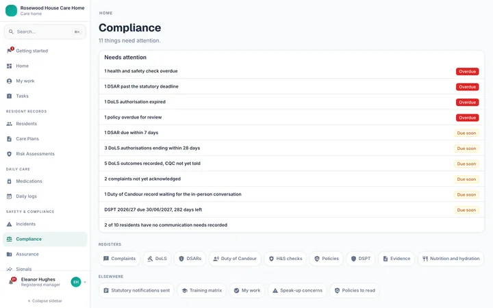 The compliance home listing what needs attention, with links to each register
