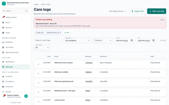 The care logs register in Atara Care