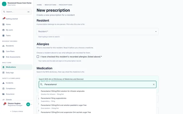 The new prescription form with a search of the NHS dm+d dictionary
