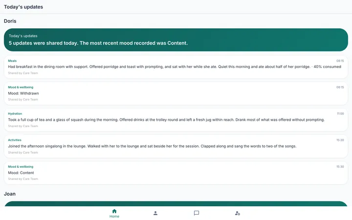The family portal home page in Atara Care