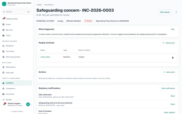 An incident record showing its statutory notifications with their deadlines