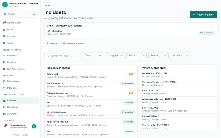The incidents register in Atara Care