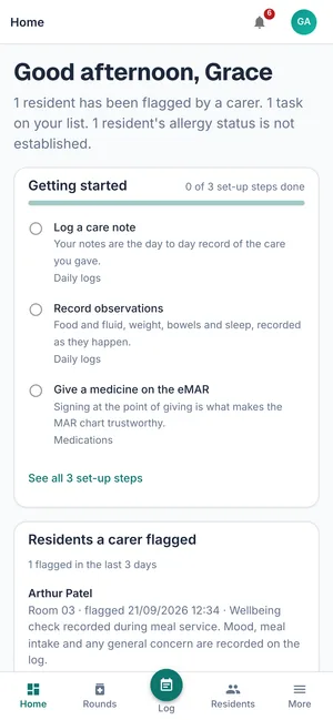 The Atara Care home screen on a phone, with the bottom tab bar