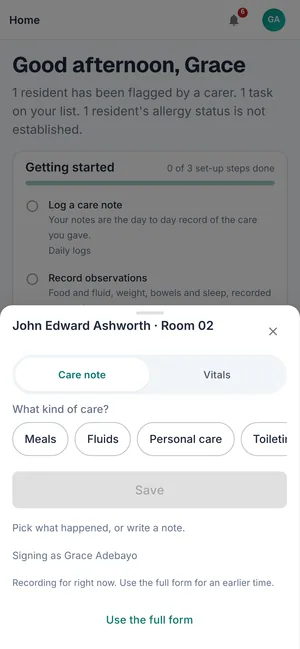 The Quick Log screen on a phone with the care category buttons