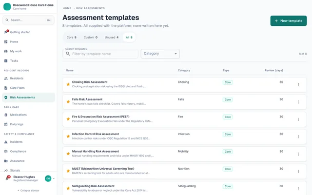 The assessment templates library with core and custom templates